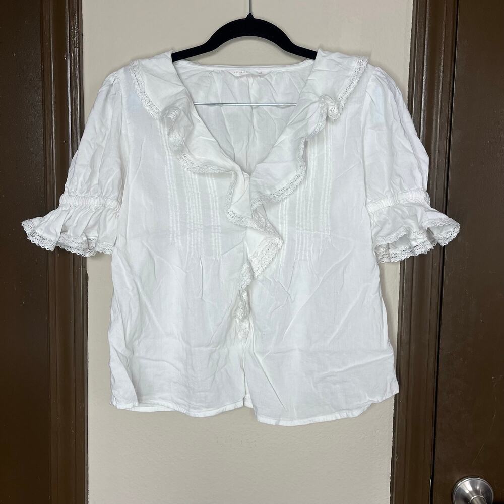 Lauren Conrad White Victorian Ruffle Blouse Women’s S Boho Y2K Pintuck